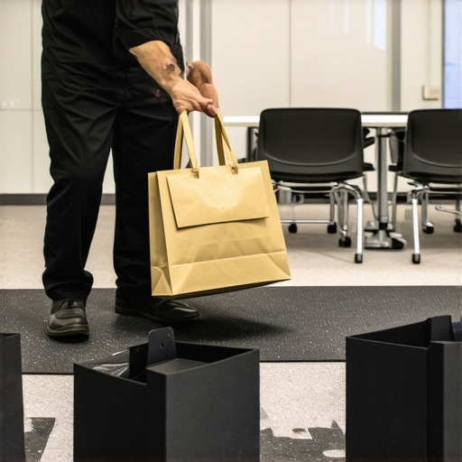 Rubberized noise-dampening mats used for staging multiple corporate food deliveries near a boardroom.