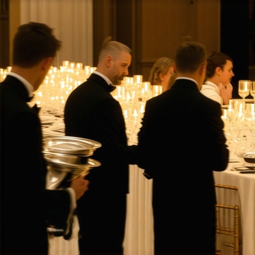 Elite wedding staff performing a synchronized and silent service in a high-end venue.