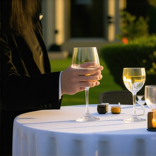 Silent service at an estate wedding A professional wedding server clearing glassware at a luxury outdoor reception