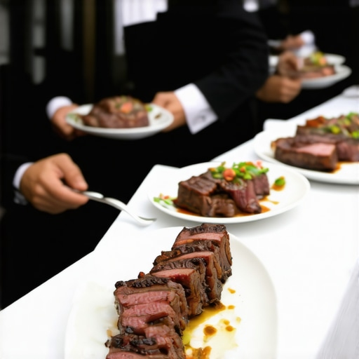 Professional servers presenting luxury wedding dishes at an elegant outdoor event.