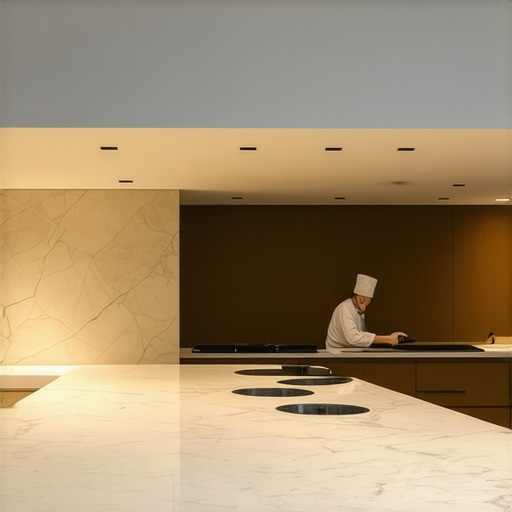 A professional chef preparing a gourmet meal in a minimalist, high-end residential kitchen with marble surfaces.