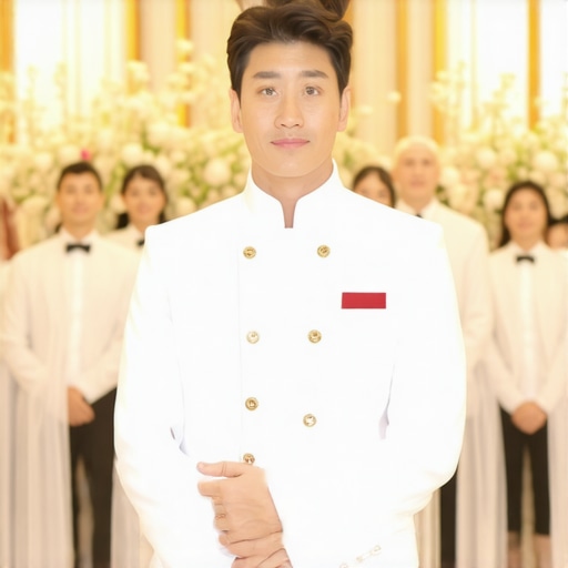 A professional wedding server maintaining role clarity away from floral setup.