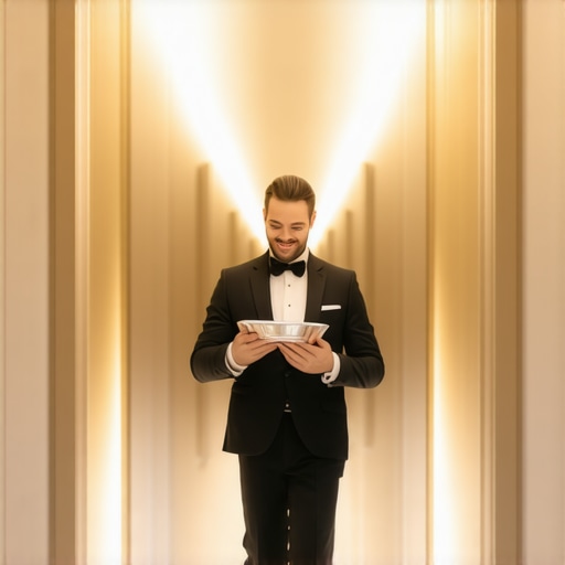 Staff Access Management in High-Profile Venues Professional server using a private service corridor in a luxury wedding venue.