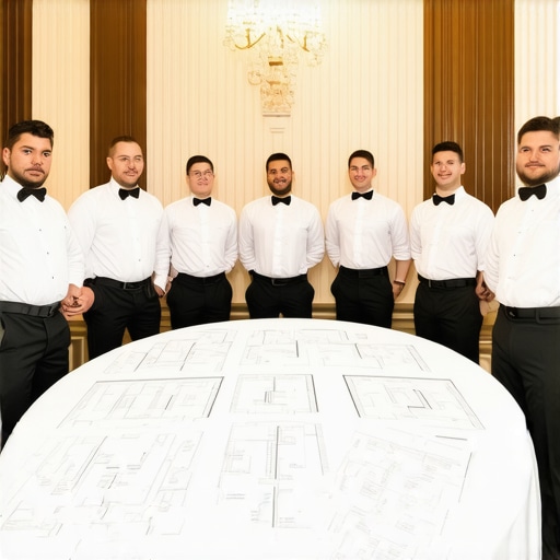 Staff Briefing for Luxury Wedding Service Wedding servers reviewing the guest list and floor plan before a reception.