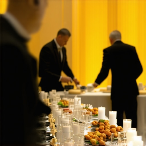 Professional servers and event staff managing the breakdown of a luxury wedding reception while maintaining guest atmosphere.