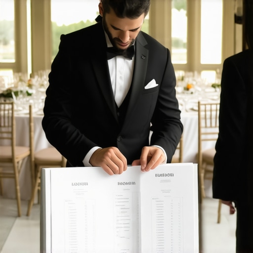 A professional server studying a guest floor plan to ensure precise food delivery at a wedding.