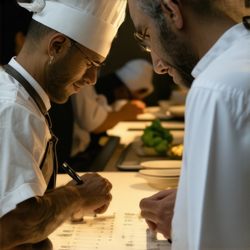 A private chef and server discussing event logistics in a luxury kitchen.