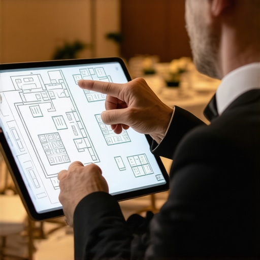 Banquet manager reviewing server paths on a tablet to avoid dance floor congestion.