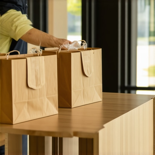 An insulated catering delivery bag being placed on a designated office reception table to prevent lobby clutter.