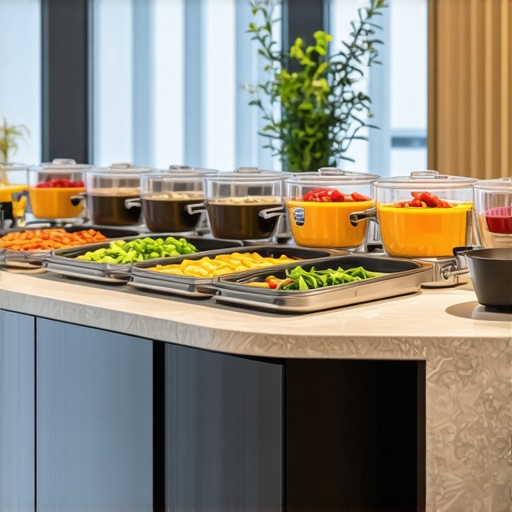 An organized office catering setup featuring dual-sided food stations and pristine presentation tables