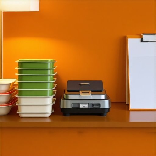 A designated catering table in a modern corporate office with labeled lunchboxes and a manifest clipboard