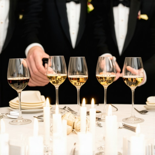 Professional servers performing a synchronized wine pour at a high-end wedding reception.