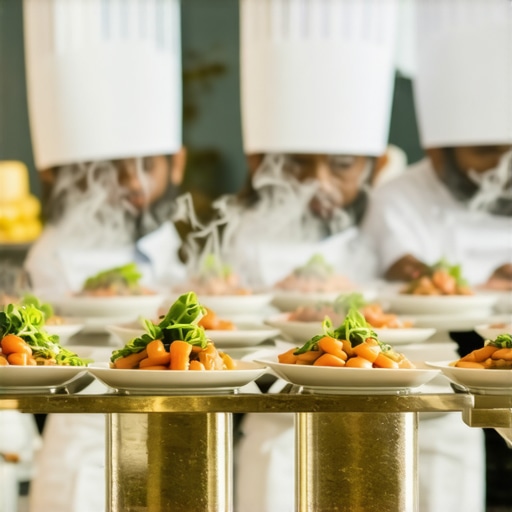 Synchronized Catering Service for Premium Wedding Menus Catering staff preparing for a synchronized plate drop to maintain food temperature.