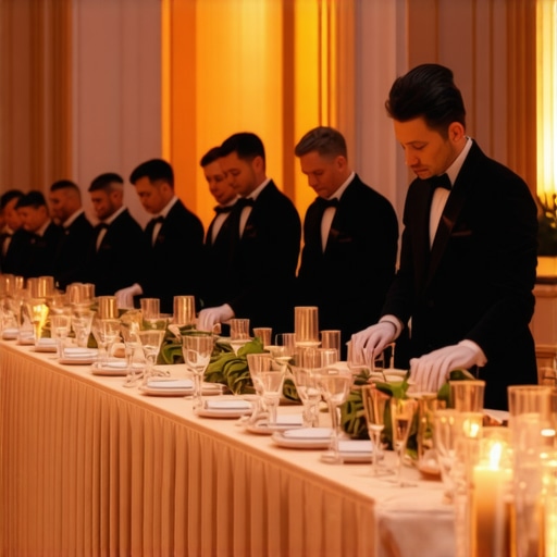 Elite wedding servers performing a collective plate drop at a formal reception