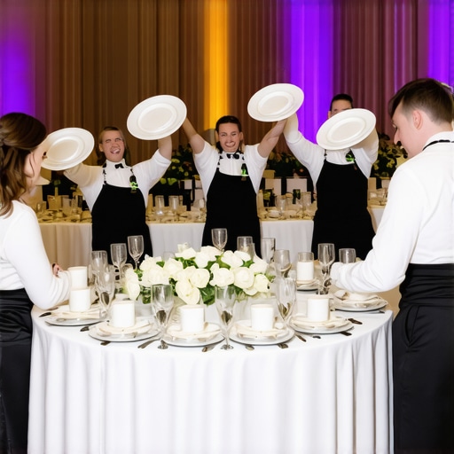 Professional servers placing dinner plates simultaneously at a wedding reception