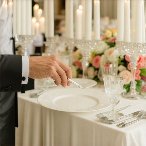 A server placing an elegant plate during a 150-person wedding reception service.