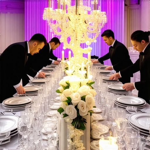 Synchronized Professional Service at a Luxury Wedding Professional servers performing synchronized plate service at a high-end wedding reception.