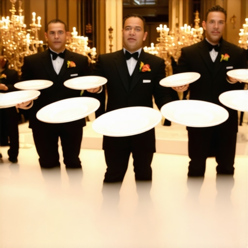 Professional catering staff performing a synchronized plate drop for a wedding dinner.