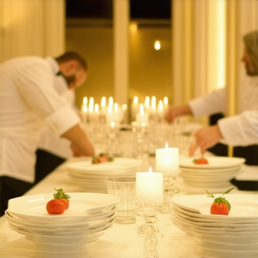 Professional servers performing synchronized plate service in a luxury private residence