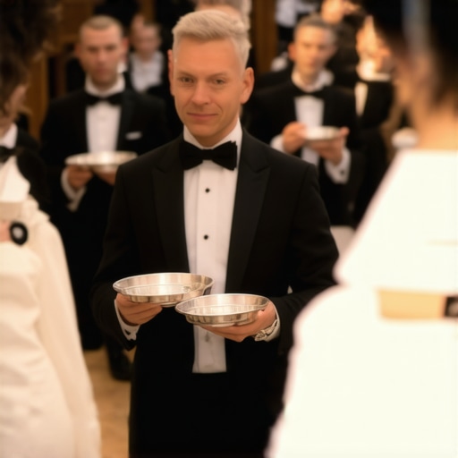 Professional wedding servers performing synchronized plate service in a luxury ballroom