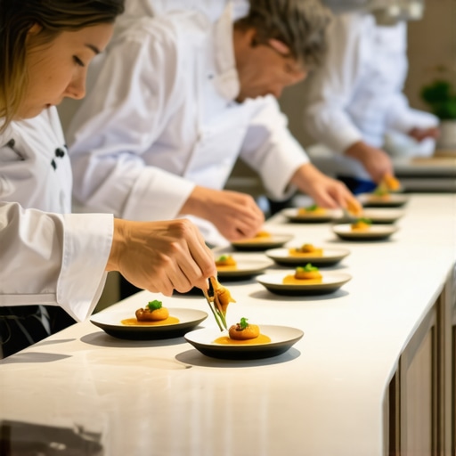 Private chef and server team coordinating a multi-course dinner service in a high-end residential kitchen.