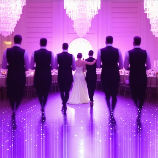 Synchronized server movement under technical event lighting Professional servers navigating a luxury wedding ballroom during a high-end lighting transition.
