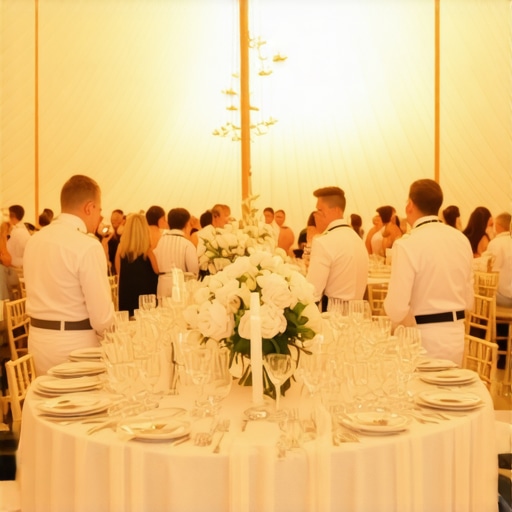 Professional servers delivering dinner courses simultaneously at an outdoor wedding.