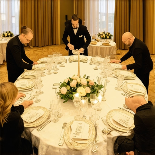 Professional wedding servers performing synchronized service at a luxury reception.