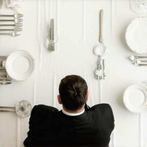 A professional server clearing a table while maintaining peripheral awareness in a high-security corporate setting.