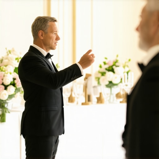 Tactical Non-Verbal Communication in Luxury Catering A floor manager directing servers with silent cues during a high-end wedding reception.