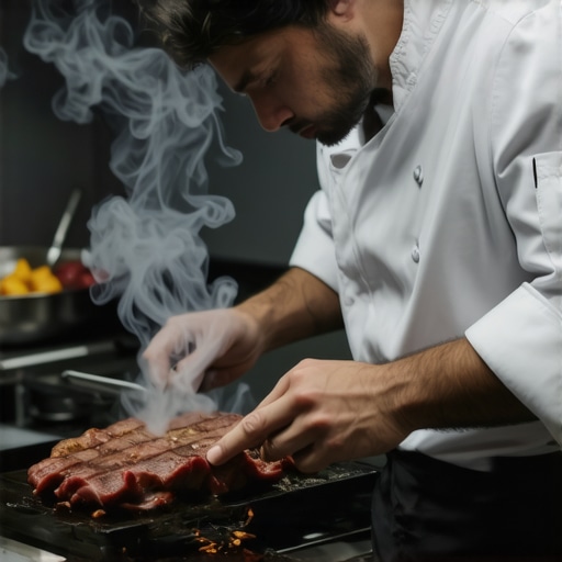 Private chef using smoke filtration equipment during high-heat cooking in a luxury kitchen.