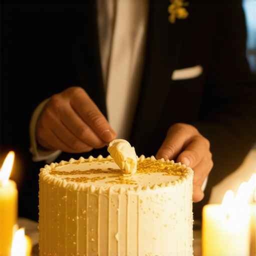 A professional server plating a luxury wedding cake slice in a commercial kitchen.