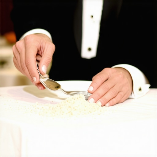 Close-up of a professional server performing table crumbling at a wedding feast.