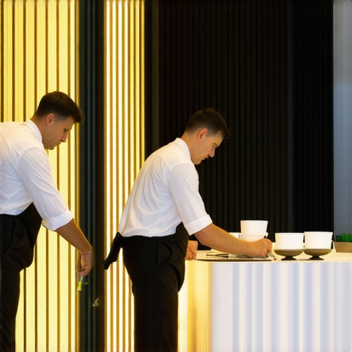Catering staff performing a silent breakdown of equipment during a luxury wedding reception.