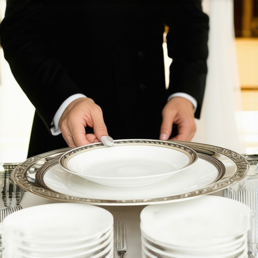 Professional server using a felt-lined tray for silent plate clearing at a luxury event.