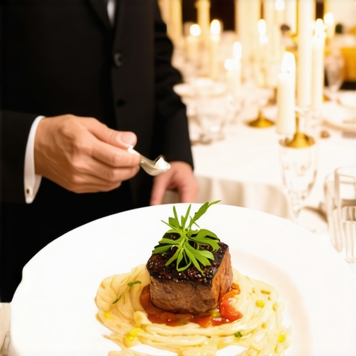 Server presenting a gourmet dish to a wedding guest