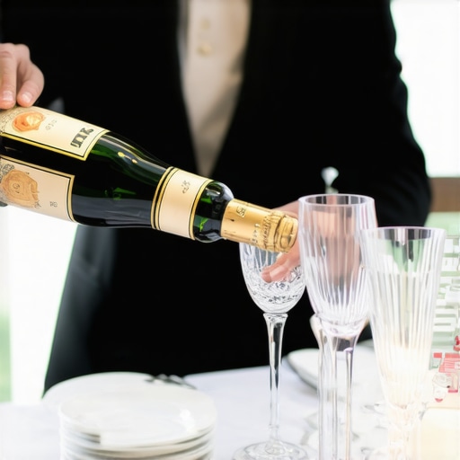 Professional wedding server executing a precision champagne pour at a luxury head table.