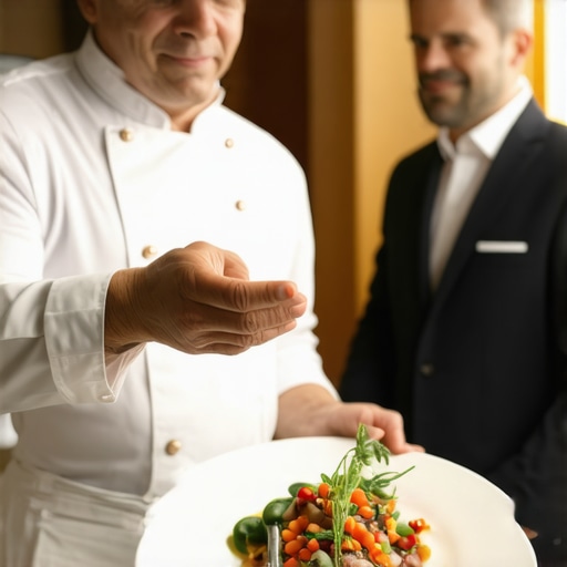 A private chef explaining dish provenance and ingredients to a head server before a luxury wedding service.