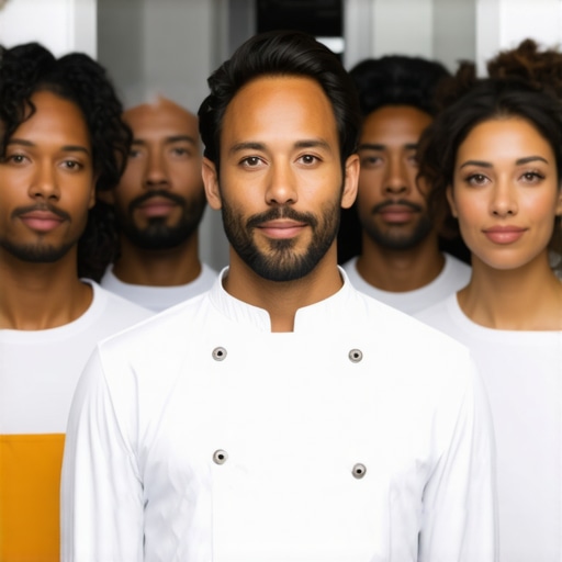A professional hospitality team conducting a post-event debriefing session in a luxury kitchen environment.