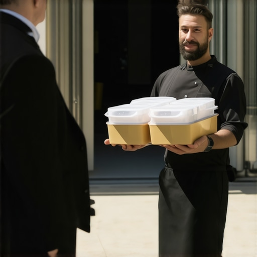 Private chef inspecting a professional catering delivery at a wedding venue.