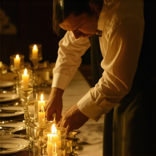 A server meticulously adjusting a luxury table setting to ensure optimal food presentation under warm lighting.