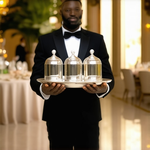Professional server carrying cloched plates at a wedding