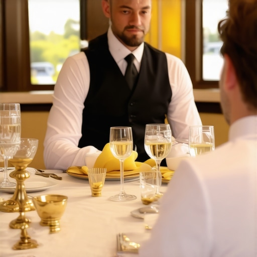 Professional wedding server observing host-centric dining protocols