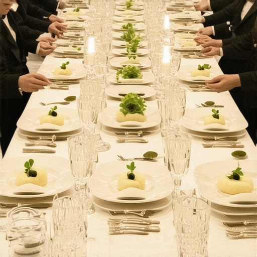 The Precision of Synchronized Plate Service Professional servers performing synchronized plate service at a high-end gala dinner