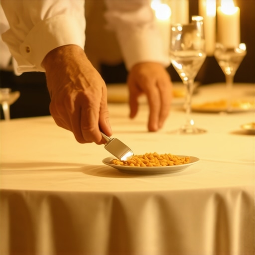 A professional server demonstrating the table crumbing technique at a high-end event.