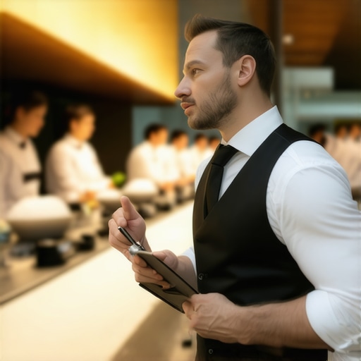 A professional expeditor signaling to servers at a luxury wedding kitchen pass.