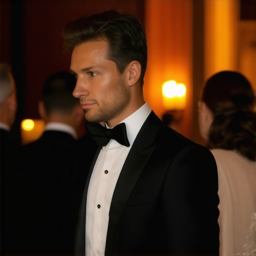The Subtle Nod of Professional Wedding Service A professional server in a tuxedo using non-verbal cues to communicate with wedding guests.