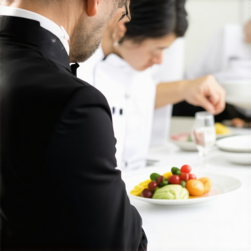 The art of anticipatory service in luxury dining A professional server demonstrating the soft-focus technique to anticipate guest needs at a high-end dinner.