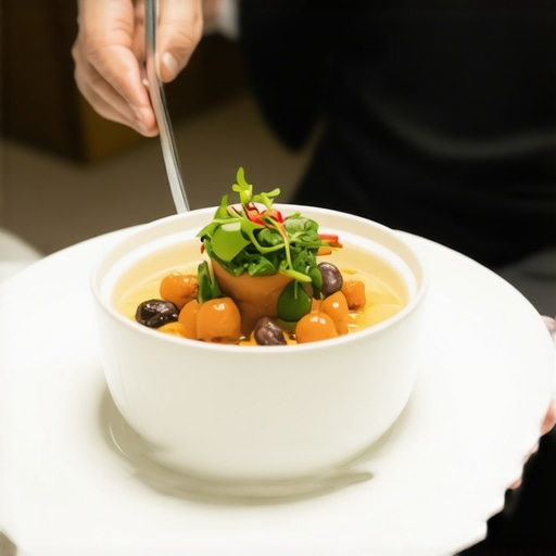 A professional server plating delivery food onto designer stoneware for a wedding.