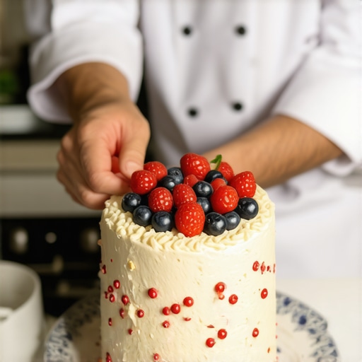 A professional server plating a wedding cake slice with precision.